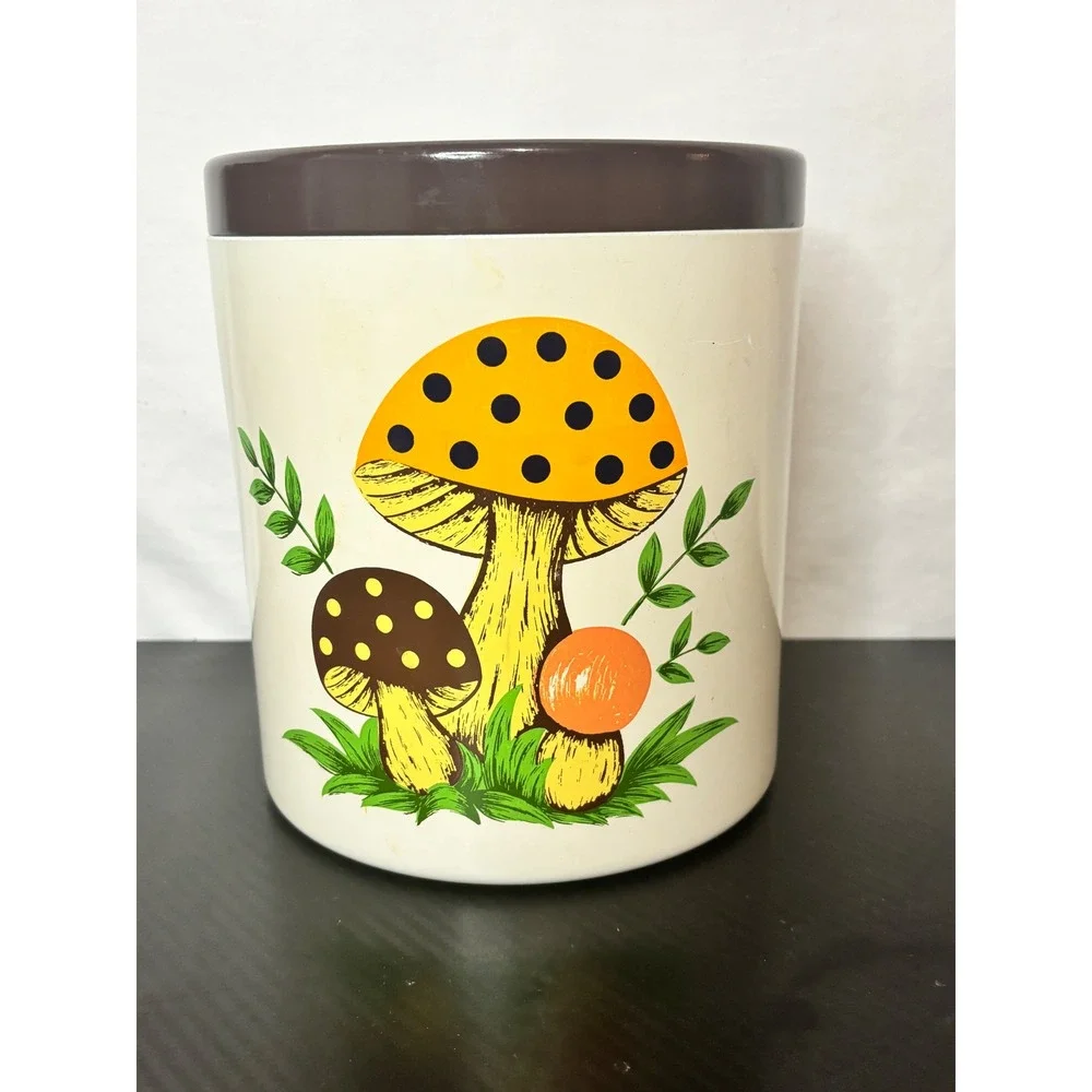 Vintage Mushroom Metal Canister Retro 70s Kitchen Storage Tin Made in Japan 6in